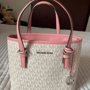 Michael Kors Cream Signature Tote with Pink Trim